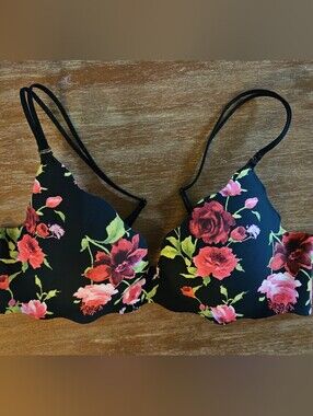Victoria's Secret Red Floral Print Push Up Bra 34C VS Secret Embrace Bra Pushup